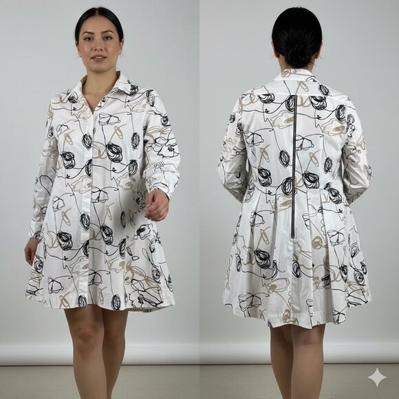 Comfy USA Tops - COMFY USA Tunic/Mini Dress Button Up Long Slve Abstract Floral White/Black/Tan L
